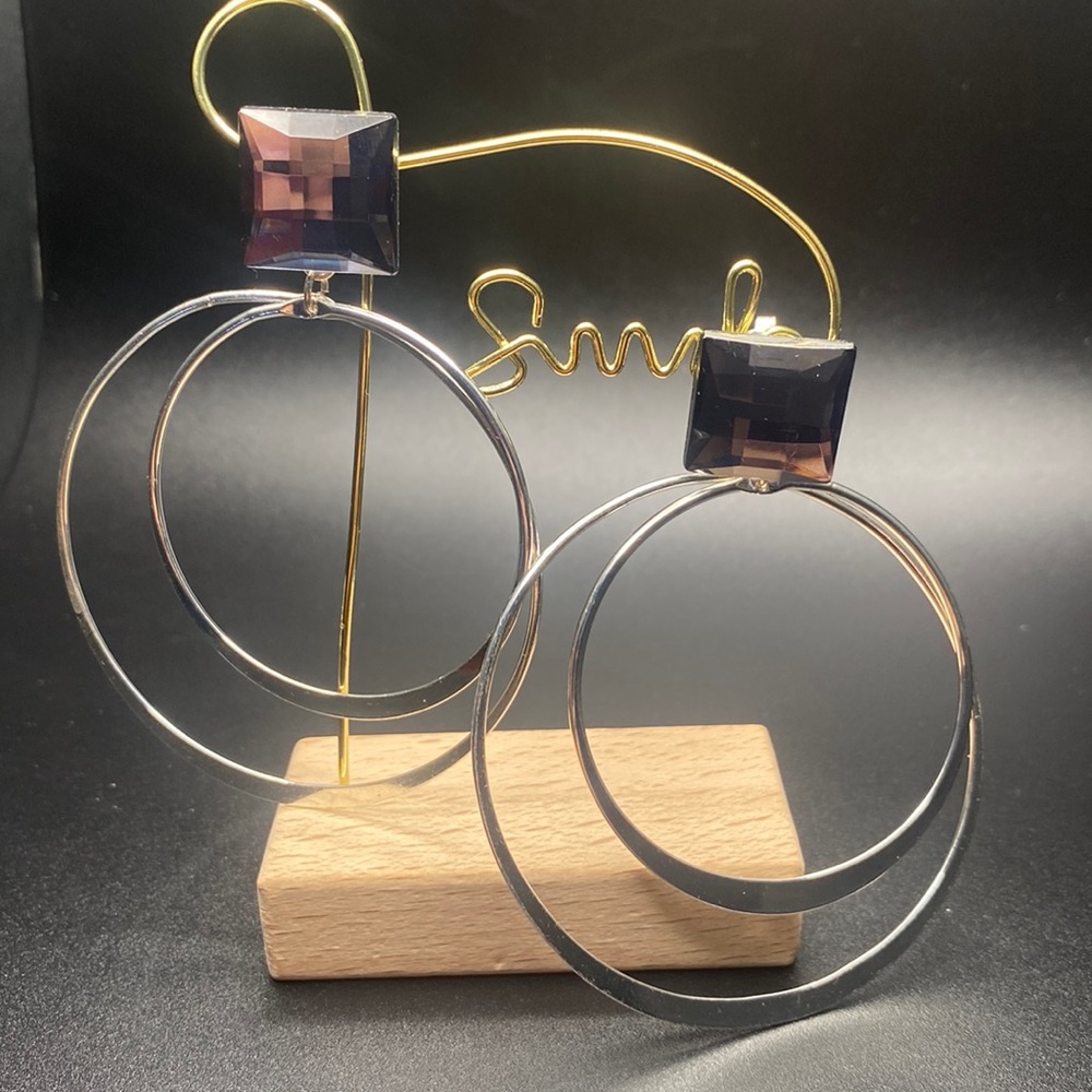 Double Hoop Drop Earrings Silvertone
